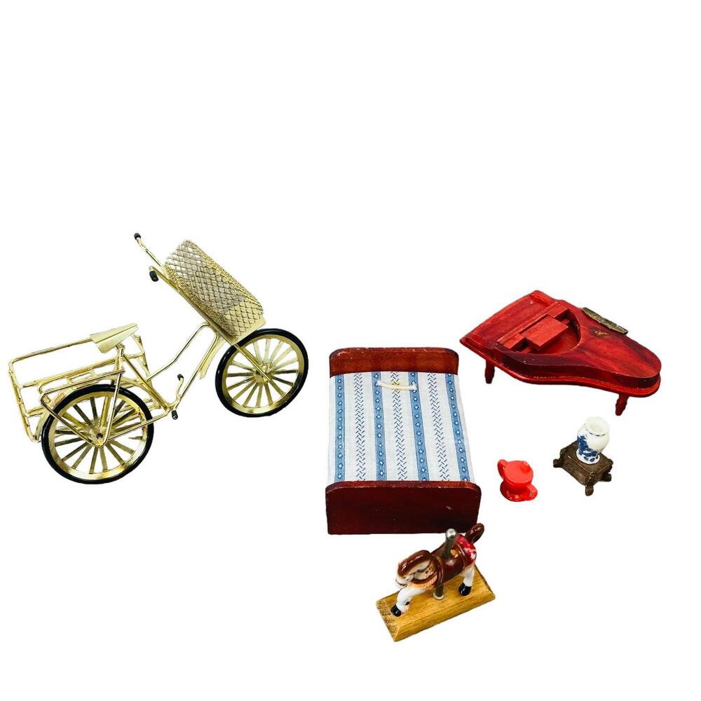Doll House Furniture Miniature Bed Piano Vase Carousel Horse Gold Bicycle Cup